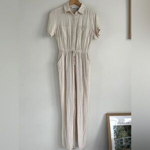 Sincerely Jules button down beige tan short sleeve pantsuit, small